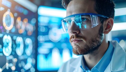 Male Scientist in Protective Glasses Engaged in Digital Data Visualization and Innovative Research	