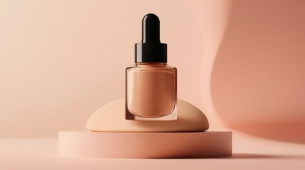 Elegant minimalist skincare or cosmetic product with dropper bottle on smooth beige and pink geometric background with soft shadows for beauty and health themes