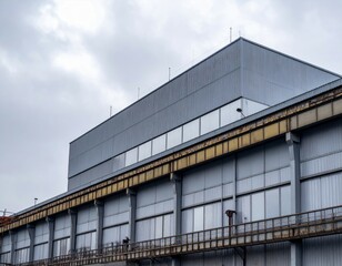 Industrial warehouse building with gray metal exterior and windows