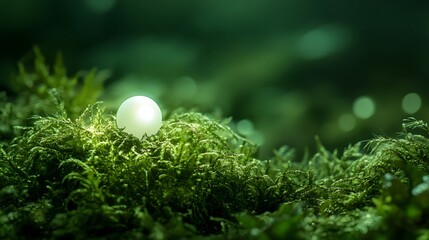 Luminescent sphere nestled in vibrant moss