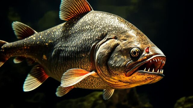 Close-up view of a predatory fish with sharp teeth swimming in dark water depths