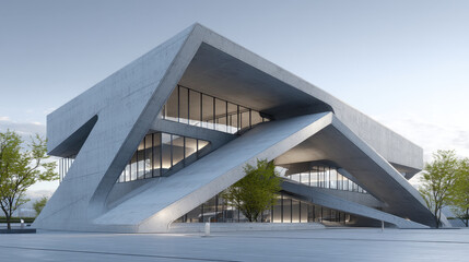 A large, triangular-shaped concrete building with a symmetrical facade and open spaces on the ground floor