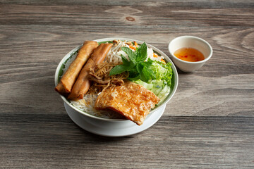 A view of a bowl of Vietnamese bun.