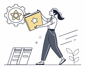 Woman Holding Star Folder Near Gear And Files Vector Illustration