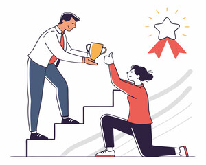 Business Achievement Concept Illustration Man Giving Trophy To Winner Employee