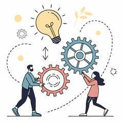 Teamwork Illustration Of People Connecting Gears With A Light Bulb Above