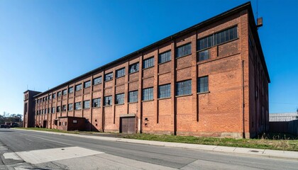 Industrial Brick Building with Large Windows Under Clear Blue Sky
