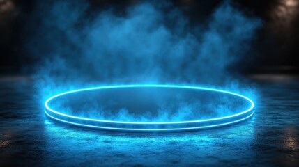 Cyberpunk Neon Circle Platform with Blue Smoke