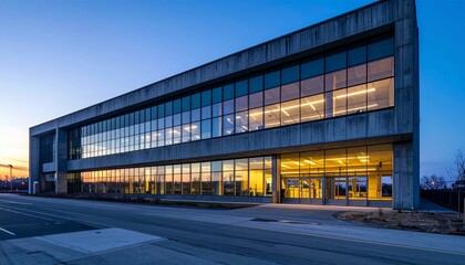 Obraz premium Modern Office Building with Glass Facade and Evening Sky