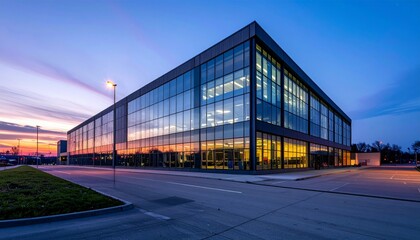 Obraz premium Modern Office Building with Glass Facade at Sunset