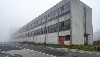 Fototapeta premium Abandoned Concrete Factory Building in Foggy Urban Landscape