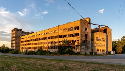 Fototapeta premium Abandoned Industrial Building at Sunset with Orange Glow