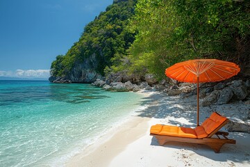 Secluded beach cove with chaise lounge and vibrant orange umbrella under bright sun.  Clear turquoise water