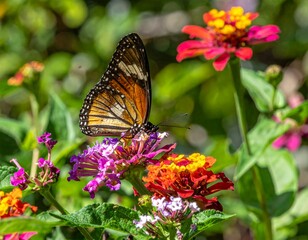 Monarch Butterfly Feeding on Colorful Flowers in Vibrant Garden Scene