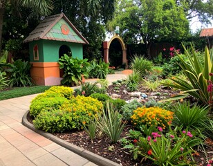 Bright and Lush Garden Pathway with Colorful Plants and Structures