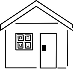 Minimalist line drawing of a house with a triangular roof, window, and door.