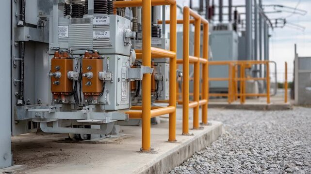 Closeup view of insulated electrical equipment highlighting complex connections and transformers surrounded by safety barriers.
