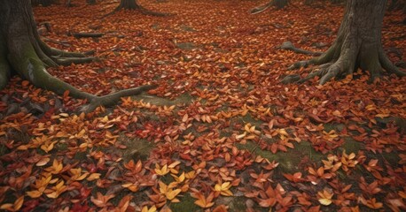 Vibrant fall leaves scattered on forest floor,  november,  photography