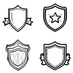Four Heraldic Shields Outline Style with Star, Ribbons Isolated on Transparent