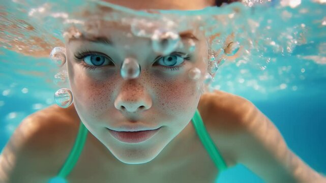 Young freckled girl swimming underwater with intense eye contact and gentle smile in bright blue pool. Concept of summer freedom and youthful energy