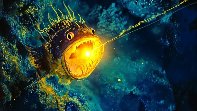 Deep-Sea Anglerfish: Luminous Predator in the Dark Ocean Depths with Sharp Teeth