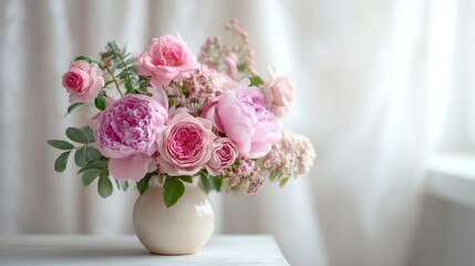 Pink peonies and roses in a ceramic vase, soft pastel background - Elegant floral harmony in gentle light
