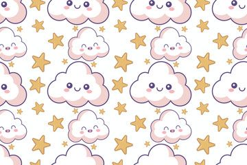 Cute Kawaii Cloud and Star Seamless Pattern. Adorable kawaii cloud and star seamless pattern perfect for baby products, kids fabric, and cute backgrounds. eps10