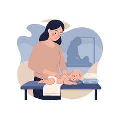 Obraz premium Woman giving baby massage on table with towels and soft background illustration vector 