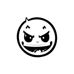 Stylized monochrome icon featuring a menacingly grinning spherical character