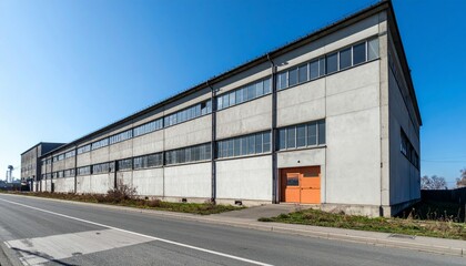 Fototapeta premium Abandoned Industrial Building with Large Windows and Orange Door