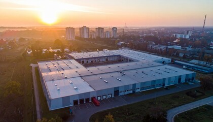 Aerial View of Modern Industrial Warehouse at Sunrise with Cityscape