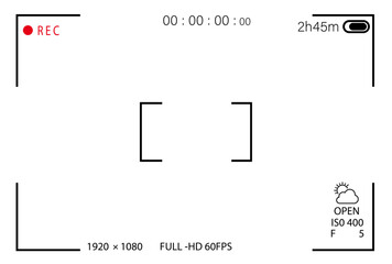 Video camera viewfinder overlay. 16:9 full hd format of frame with 60 fps template. Camera frame vector template. Black lines and text, rec icon with information and timing on transparent background.