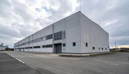 Obraz premium Modern Industrial Warehouse Building with Cloudy Sky Background