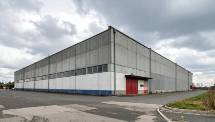 Obraz premium Industrial Warehouse Building with Gray Facade and Red Door Entrance