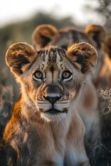 Fototapeta premium Young lions frolic among the pride, showcasing the warmth of their family