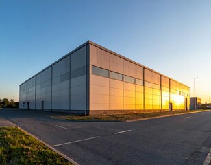 Fototapeta premium Modern Industrial Building with Sunset Reflection on Exterior Walls