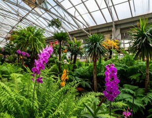 Lush Indoor Garden with Vibrant Orchids and Tropical Plants Display