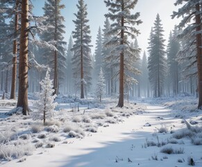 Icy landscape, frost-covered pines in snowy forest ,  background,  needles,  white landscape