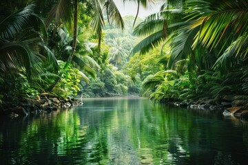 Obraz premium Serene Tropical Paradise with Lush Green River Reflecting Tranquil Jungle