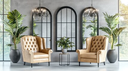 Modern lounge area with luxurious armchairs and mirrors.