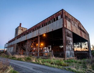 Obraz premium Abandoned Industrial Warehouse with Rusty Exterior at Sunset Light
