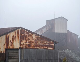 Obraz premium Rustic Barn in Foggy Landscape with Weathered Textures and Colors