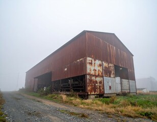 Obraz premium Rusty Barn Surrounded by Fog on a Gloomy Day in Rural Landscape