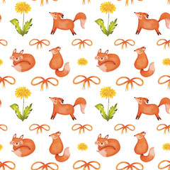 Hand drawn watercolor fox Seamless Pattern,  Watercolor seamless pattern with cute fox. Hand drawn woodland  animals watercolor seamless pattern