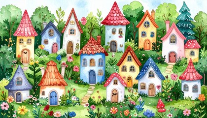 Colorful Whimsical Village with Charming Houses and Lush Garden