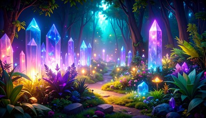 Fototapeta premium Enchanted Forest with Colorful Crystals and Mystical Glow