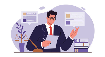 Fototapeta premium Businessman reading documents in office with gavel and law books vector illustration in professional environment 