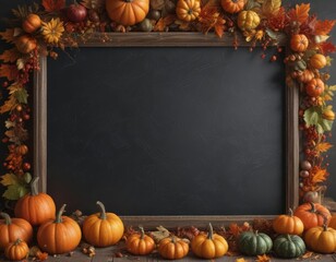Rustic chalkboard frame overflowing with various sized pumpkins and gourds, autumn leaves scattered around ,  halloween,  wood,  ripe