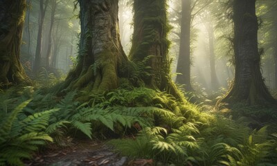 Moss-covered tree trunk, vibrant ferns, dappled sunlight , light, humid