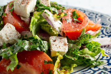 A closeup view of a Greek salad.